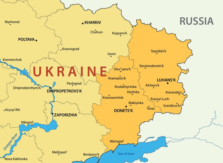 <span class="caption">Eastern Ukraine has become an arena for a new kind of conflict.</span> <span class="attribution"><a class="link " href="https://www.shutterstock.com/image-illustration/donetsk-lugansk-regions-ukraine-map-194402564?src=XHfa81XileLLIdQasHe6pw-1-2" rel="nofollow noopener" target="_blank" data-ylk="slk:Pavalena via Shutterstock;elm:context_link;itc:0;sec:content-canvas">Pavalena via Shutterstock</a></span>