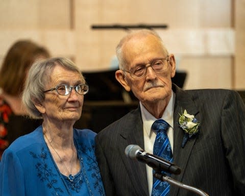 Newlyweds Carl Kruse and Doris Kriks-Kruse. They met at senior living community Cedar Lake Village in Olathe, Kansas in 2021. They married on the property on Oct. 15, 2023.