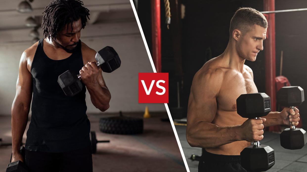  A man performing bicep curls and another man performing hammer curls with a pair of dumbbells. 