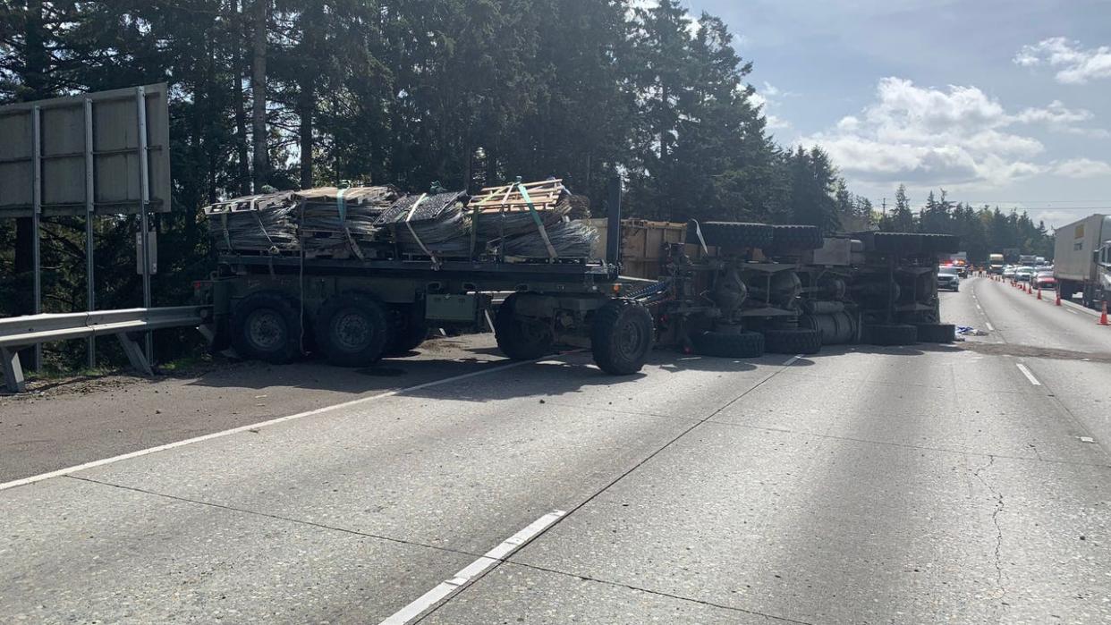 <div>A military truck on its side snarled the afternoon commute on April 10, 2024.</div> <strong>(WSP)</strong>