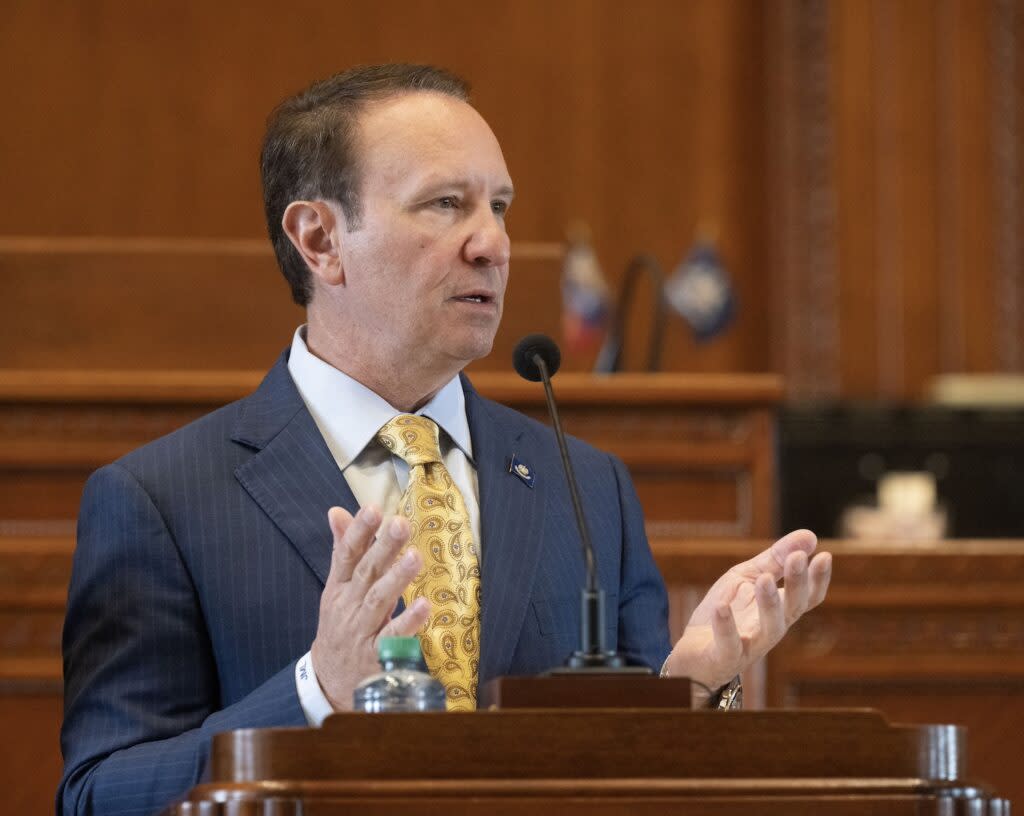 Louisiana Gov. Jeff Landry delivers his address to state lawmakers on opening day of the regular legislative session, Monday, March 11, 2024, at the Louisiana State Capitol in Baton Rouge.