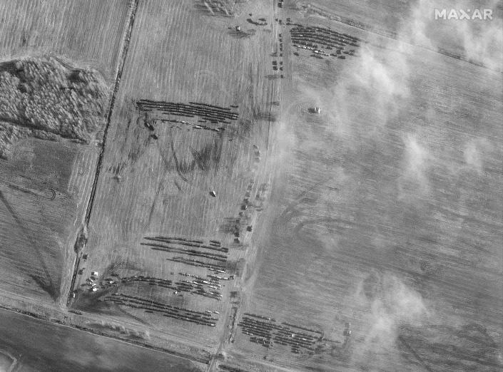 An overhead view of a large deployment of equipment near the Belarussian town of Chojniki on Feb. 25, 2022. (Satellite image ©2022 Maxar Technologies)