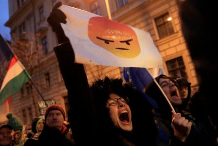 People rally against the government in Budapest, Hungary, January 19, 2018. REUTERS/Bernadett Szabo