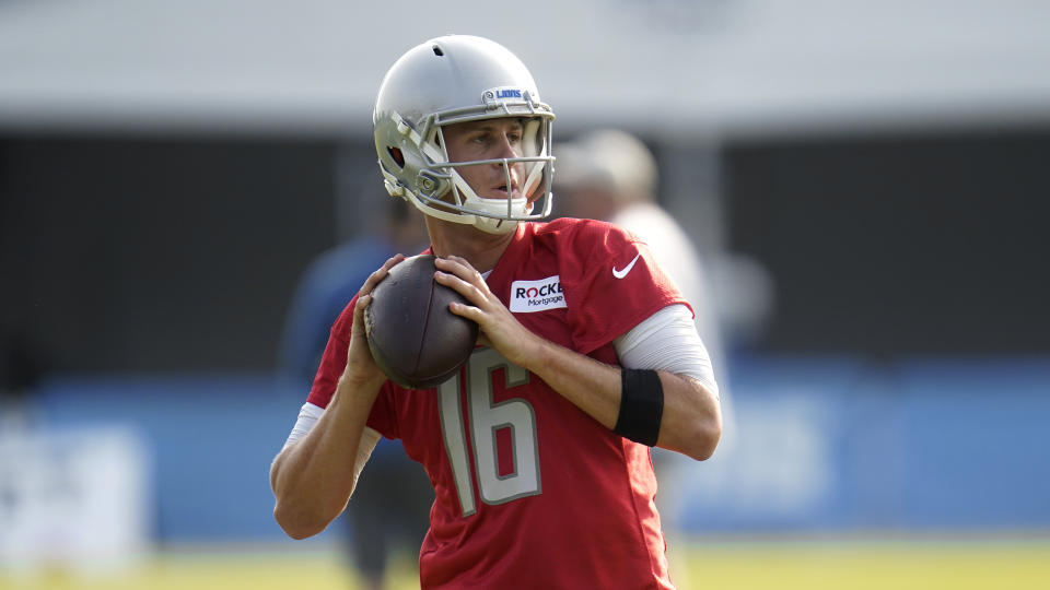 Detroit Lions quarterback Jared Goff throws during an NFL football training camp practice in Allen Park, Mich., Saturday, July 31, 2021. (AP Photo/Paul Sancya)