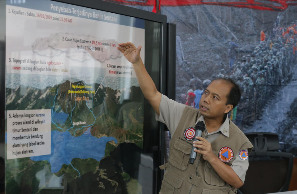 National Disaster Mitigation Agency spokesman Sutopo Purwo Nugroho gestures during a press conference in Jakarta, Indonesia, Monday, March 18, 2019. Flash floods and mudslides triggered by days of torrential downpours tore through mountainside villages in Indonesia's easternmost province, killing dozens of people and leaving dozens missing(AP Photo/Tatan Syuflana)