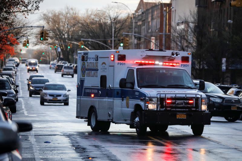 An ambulance arrives at the emergency center at Maimonides Medical Center during the outbreak of the coronavirus disease (COVID-19) in the Brooklyn, New York