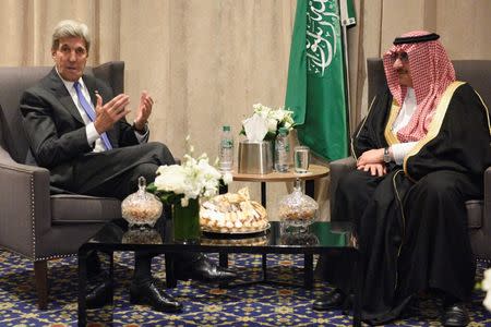 U.S. Secretary of State John Kerry speaks to the media with Saudi Arabian Crown Prince Muhammad bin Nayef during a bilateral meeting at the Plaza Hotel in Manhattan, New York, U.S. on September 19, 2016. REUTERS/Darren Ornitz/File Photo