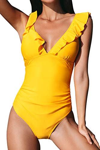 1) Ruffled Lace-Up One-Piece Swimsuit