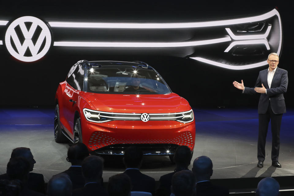 Volkswagen unveils a concept electric SUV, the whimsically named ID. ROOMZZ during the Auto Shanghai 2019 show in Shanghai on Tuesday, April 16, 2019. Automakers are showcasing electric SUVs and sedans with more driving range and luxury features at the Shanghai auto show, trying to appeal to Chinese buyers in their biggest market as Beijing slashes subsidies that have propelled demand. (AP Photo/Ng Han Guan)