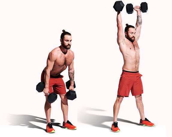 <p>Time to go ballistic – with 20 hang snatches. ‘Drop the bells, hingeing at the hips. Snap back up, using momentum to pull the weights towards your shoulders before punching them into the air,’ says Scott. Repeat the circuit again, following the rep patterns stated. You’ll see in 2022 suitably pumped.</p>