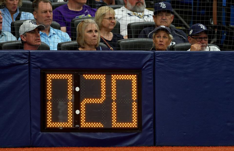 A view of the new pitch clock during the Tigers' 4-0 loss on Thursday, March 30, 2023, in St. Petersburg, Florida.