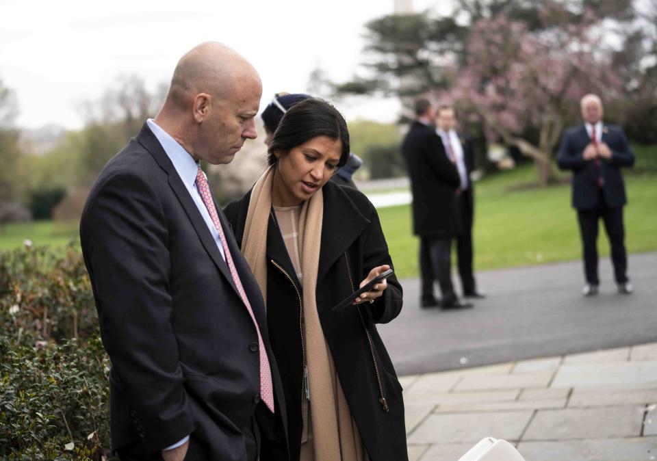 Marc Short, chief of staff for Vice President Mike Pence talks with Katie Miller, Vice President Mike Pence's press secretary.