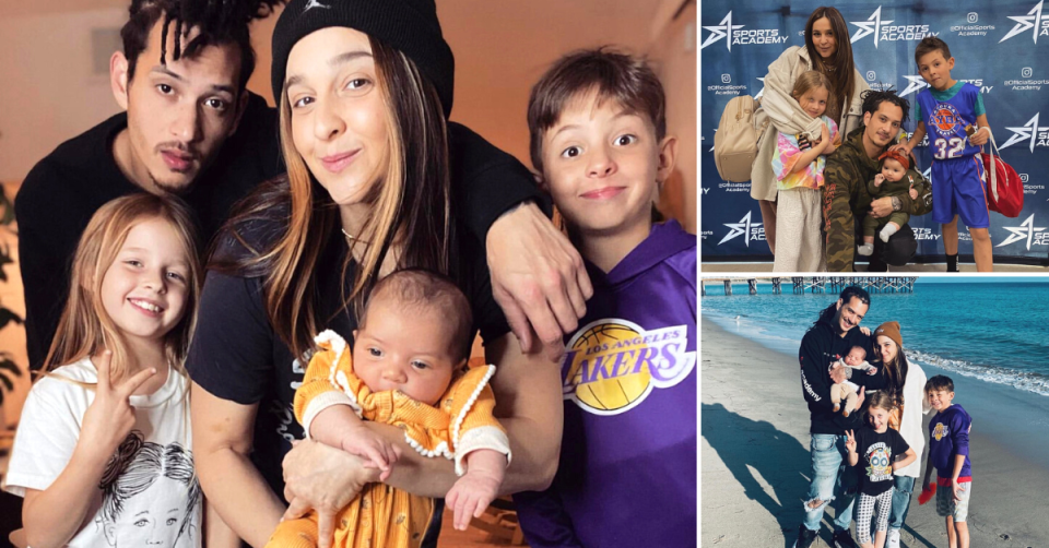 Alisan and her partner, professional choreographer Justin, with their daughter Shilo and Aria and Mason from her previous marriage. They all look into the camera, except for the baby Shilo.