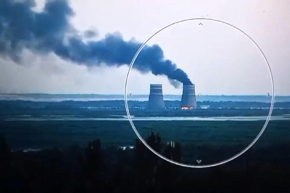 Handout footage released by the Ukrainian Presidential Press Service on August 11, 2024, shows a fire at the Russian-controlled Zaporizhzhia nuclear power plant in Energodar, Southern Ukraine. (Ukrainian Presidential Press Service / AFP - Getty Images)