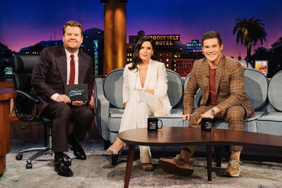 Neve Campbell with Adam Devine at “The Late Late Show With James Corden” in Los Angeles on Jan. 18, 2022. - Credit: CBS