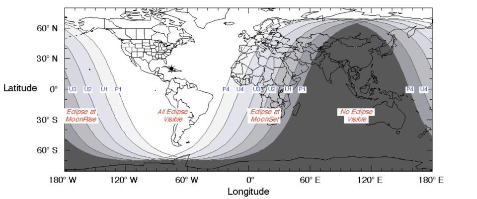 A NASA graph shows the regions of the world where the total lunar eclipse of Jan. 20-21 will be most visible. (Photo: <a href="https://eclipse.gsfc.nasa.gov/LEplot/LEplot2001/LE2019Jan21T.pdf" target="_blank">Courtesy NASA</a>)