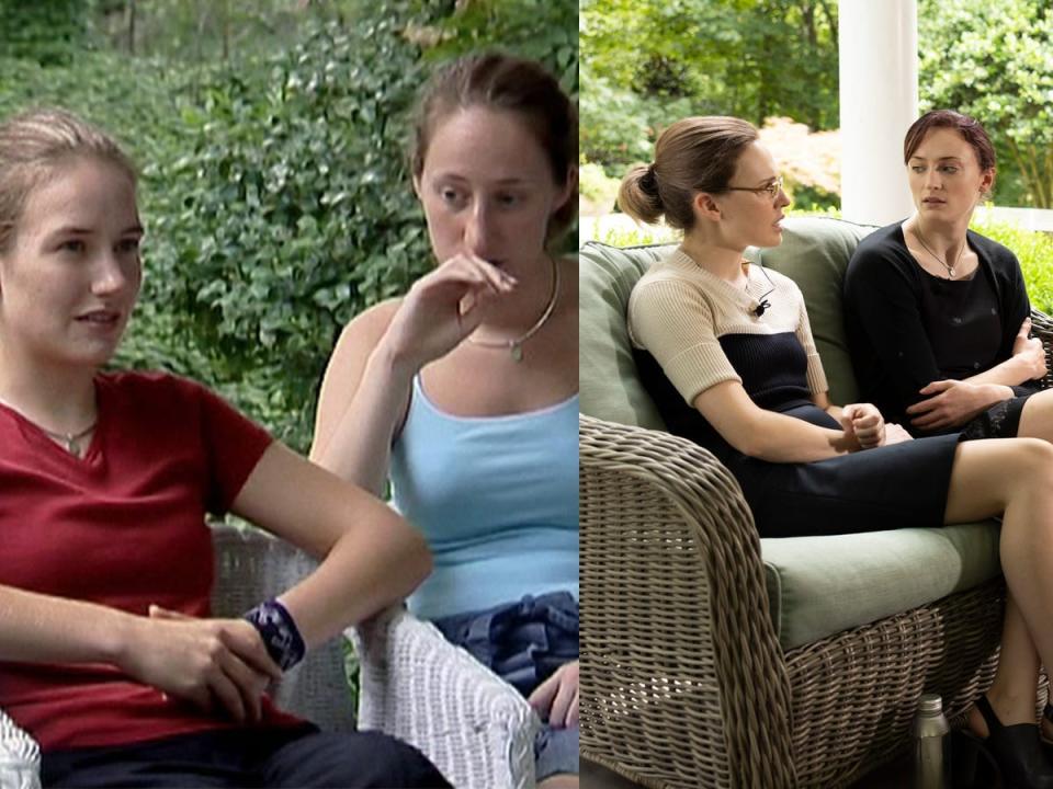 Martha and Margaret Ratliff, left, in an undated photo; Odessa Young and Sophie Turner as Martha and Margaret on HBO's "The Staircase," right."