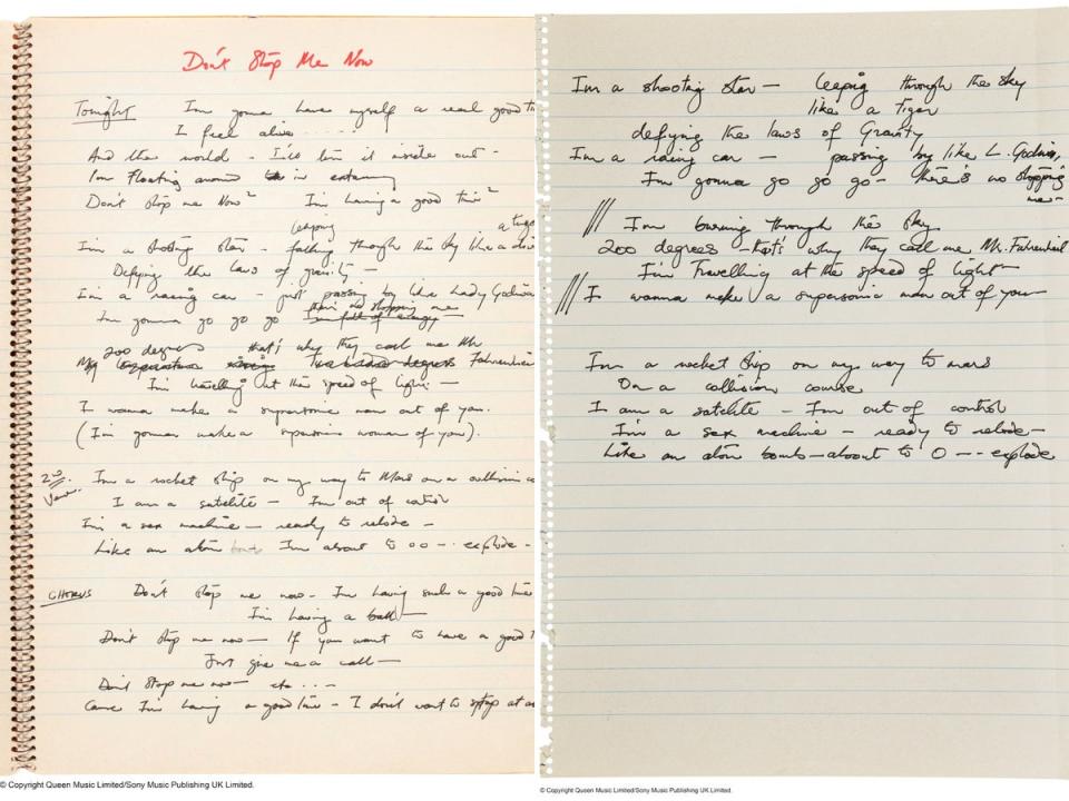 Lyrics to ‘Don’t Stop Me Now’ were auctioned (Queen Music Limited / Sony Music Publishing UK Limited)