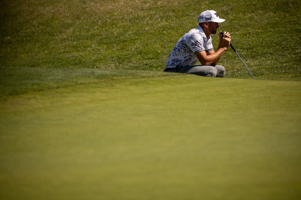 Kevin Dougherty lines up a putt during the Utah Championship, part of the PGA Korn Ferry Tour, at Oakridge Country Club in Farmington on Saturday, Aug. 5, 2023. | Spenser Heaps, Deseret News