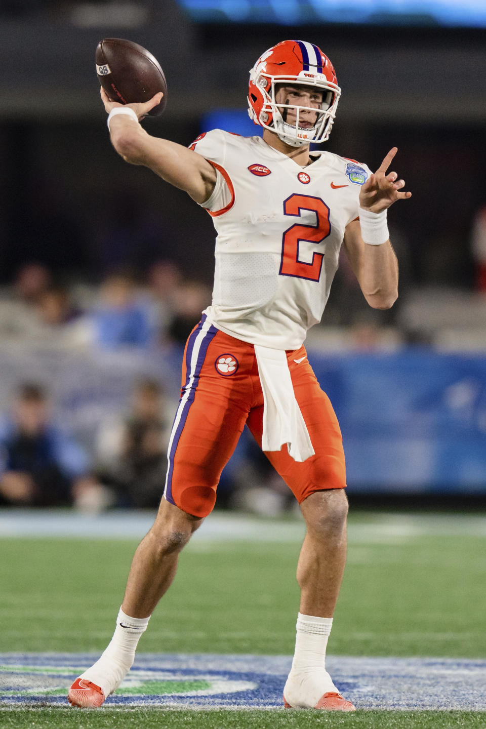 Clemson quarterback Cade Klubnik passes the ball in the first half during the Atlantic Coast Conference championship NCAA college football game against North Carolina on Saturday, Dec. 3, 2022, in Charlotte, N.C. (AP Photo/Jacob Kupferman)