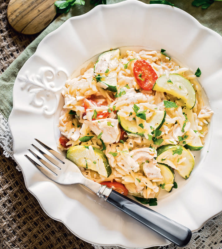 <p>Joanna Cismaru</p><p>Orzo cooks faster than most other pasta shapes, so it’s perfect in <a href="https://www.yahoo.com/lifestyle/100-best-casserole-recipes-easy-152243552.html" data-ylk="slk:casseroles;elm:context_link;itc:0;sec:content-canvas;outcm:mb_qualified_link;_E:mb_qualified_link;ct:story;" class="link  yahoo-link">casseroles</a>, like this one from Joanna Cismaru</p><p><strong>Get the recipe: </strong><a href="/841992/jocismaru/rotisserie-chicken-orzo-bake/" data-ylk="slk:Rotisserie Chicken and Orzo Bake;elm:context_link;itc:0;sec:content-canvas" class="link "><strong>Rotisserie Chicken and Orzo Bake </strong></a></p>