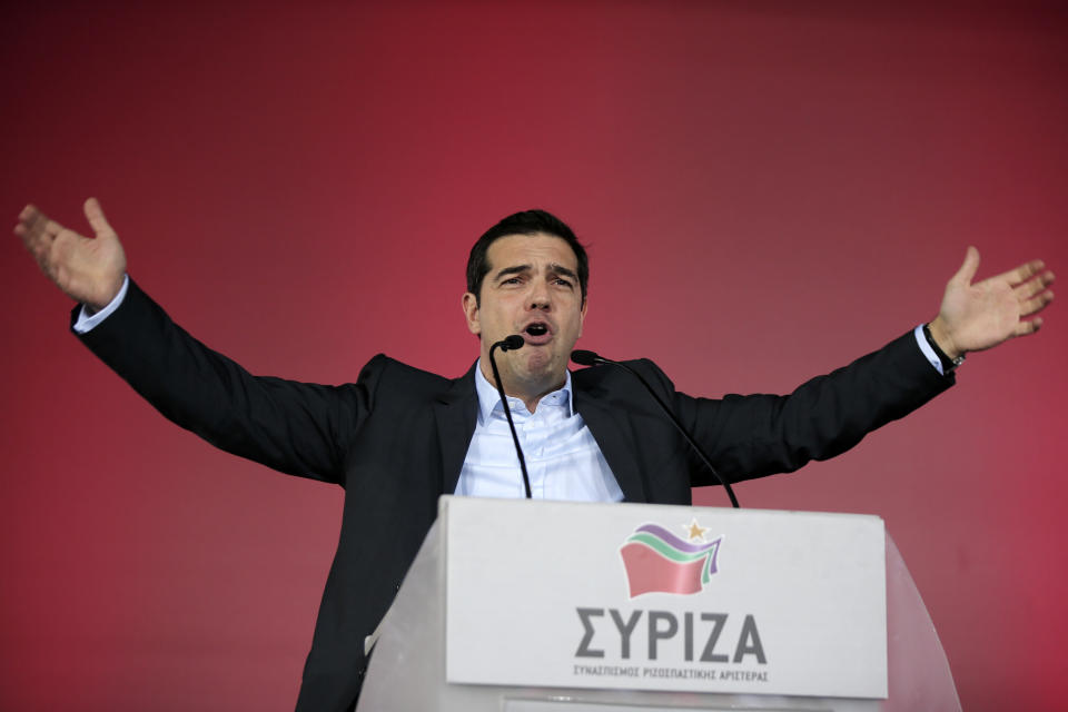 Alexis Tsipras, leader of Greece's Syriza left-wing main opposition party delivers a pre-election speech at Omonia Square in Athens on Thursday, Jan. 22, 2015.  (AP Photo/Lefteris Pitarakis)