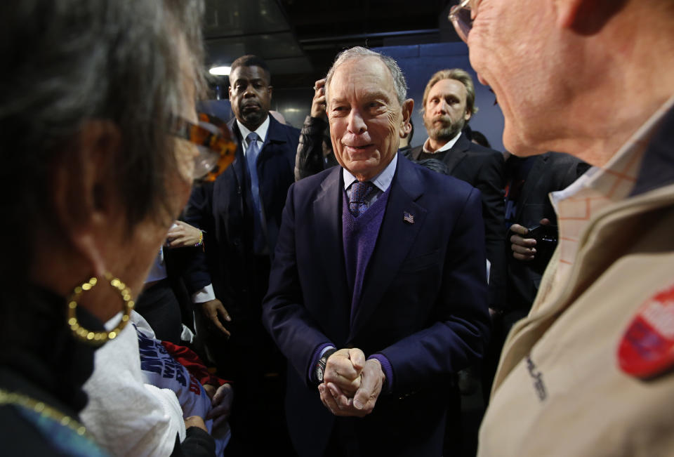 Democratic presidential candidate and former New York City Mayor Michael Bloomberg talks with supporters during a campaign stop in Sacramento, Calif., Monday, Feb. 3, 2020. (AP Photo/Rich Pedroncelli)