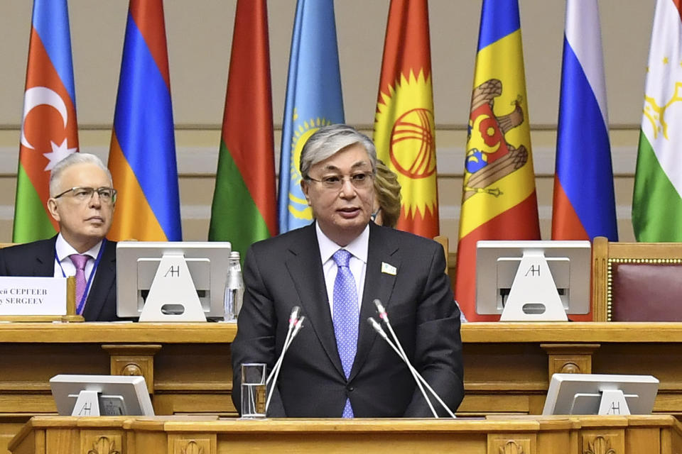 CORRECTS DATE In this photo taken March 27, 2017, Kazakhstan's interim president Kassym-Jomart Tokayev speaks during an inauguration in Astana, Kazakhstan. The speaker of Kazakhstan's parliament, Tokayev, was sworn as interim president on Wednesday March 20, 2019, a day after longtime leader Nursultan Nazarbayev abruptly resigned. (AP Photo)