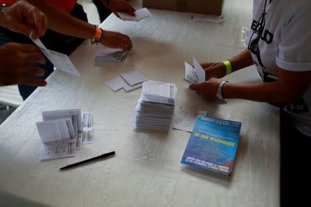 Opposition supporters count votes at a polling station after an unofficial plebiscite against President Nicolas Maduro's government and his plan to rewrite the constitution, in Caracas, Venezuela July 16, 2017. REUTERS/Marco Bello