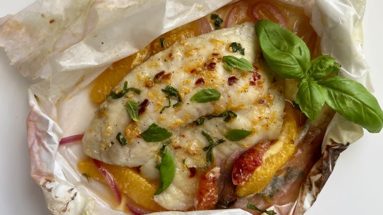 orange basil tilapia fish baked in parchment papillote