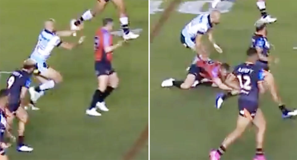 Will Kennedy, pictured here accidentally colliding with NRL referee Adam Gee.