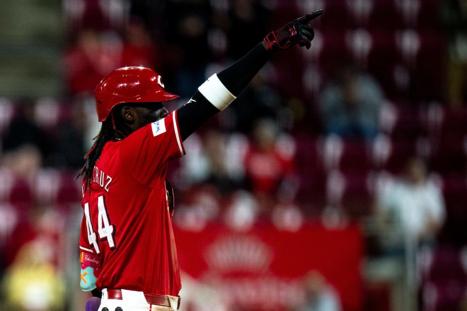 Elly De La Cruz reacts after hitting an RBI double in the sixth inning of the Reds' 7-4 victory over the Philadelphia Phillies Wednesday night. Cruz went 3-for-5 and contributed with three stolens bases, giving him 15 on the season.