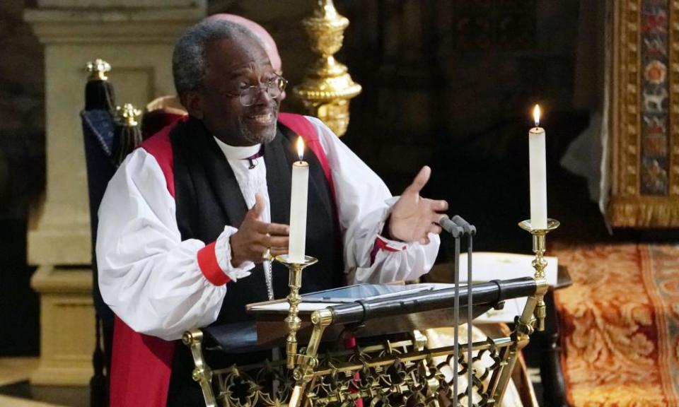 Bishop Michael Curry gives an address during the wedding of Prince Harry and Meghan Markle in St George’s Chapel at Windsor Castle.