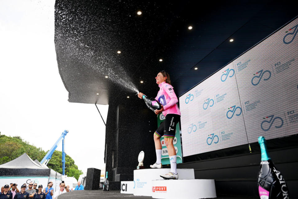 ALASSIO ITALY  JULY 06 Annemiek Van Vleuten of The Netherlands and Movistar Team  Pink Leader Jersey celebrates at podium during the 34th Giro dItalia Donne 2023 Stage 7 a 1091km stage from Albenga to Alassio  Santuario della Guardia 551m  UCIWWT  on July 06 2023 in Alassio Italy Photo by Dario BelingheriGetty Images