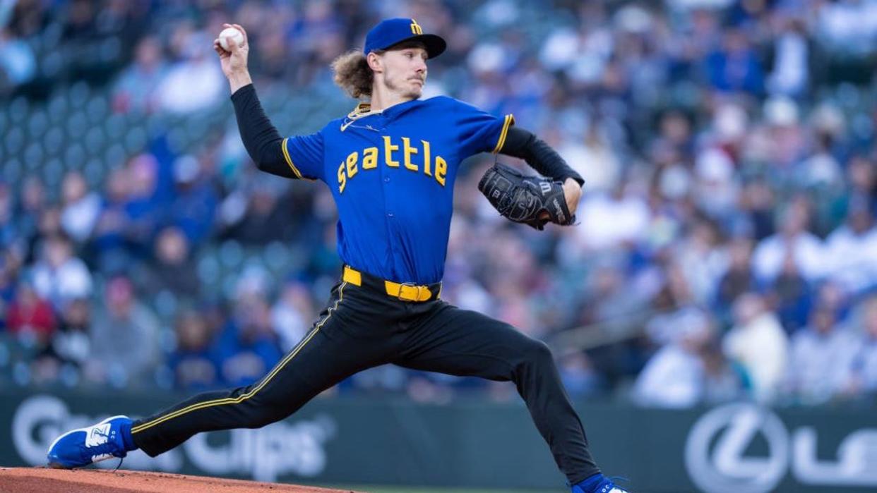<div>SEATTLE, WA - APRIL 12: Starter Bryce Miller #50 of the Seattle Mariners delivers a pitch during the first inning against the Chicago Cubs at T-Mobile Park on April 12, 2024 in Seattle, Washington.</div> <strong>(Stephen Brashear / Getty Images)</strong>