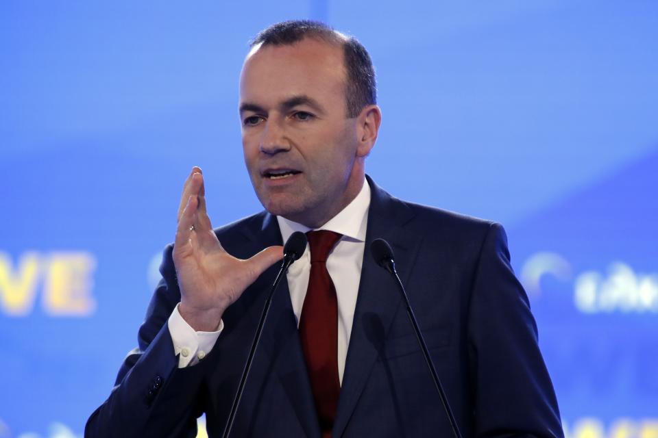 European People's Party candidate Manfed Weber delivers a speech at Zappio Congress Hall in Athens on Tuesday, April 23, 2019. Weber is in Greece for the official launch of his campaign for the May 23-26 European Parliament elections. (AP Photo/Thanassis Stavrakis)