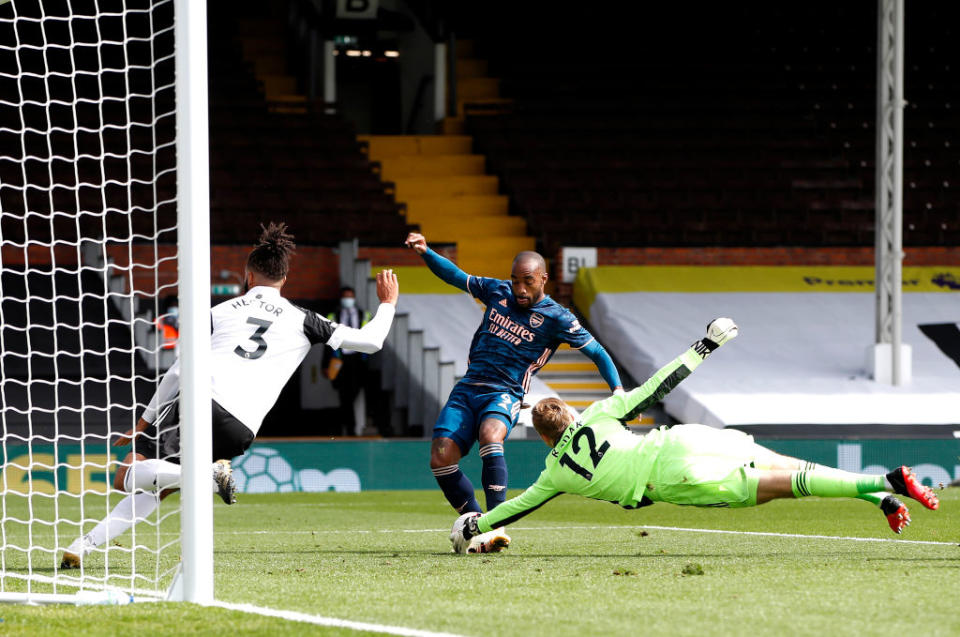 Alexandre Lacazette scores the first goal of the new season against Fulham at Craven CottageGetty Images