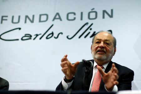 Mexican billionaire Carlos Slim talks during a news conference to discuss his foundation's work in supporting efforts at rebuilding areas damaged by the massive earthquake on Sept. 19. in Mexico City, Mexico October 10, 2017. REUTERS/Carlos Jasso