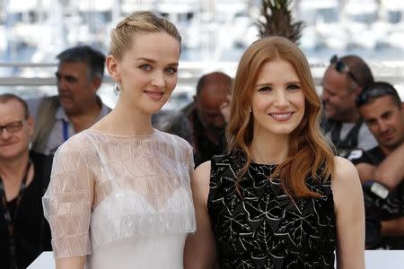 Cast members Jessica Chastain (R) and Jess Weixler pose during a photocall for the film "The Disappearance of Eleanor Rigby" in competition for the category "Un Certain Regard" at the 67th Cannes Film Festival in Cannes May 18, 2014. REUTERS/Benoit Tessier