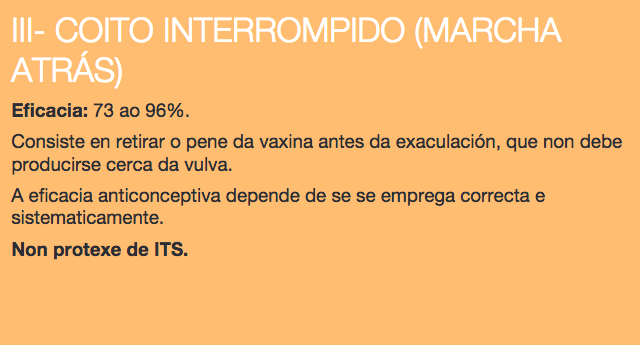 La marcha atrás es un método anticonceptivo con una eficacia del 73 al 96% según este folleto del Servicio Gallego de Salud. (Captura del folleto)