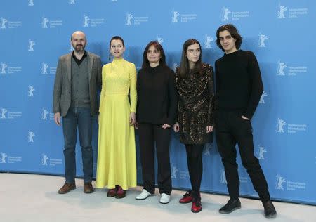 Actor Joao Pedro Vaz (L-R), actress Alice Albergaria Borges, director Teresa Villaverde, actress Clara Jost and actor Tomas Gomes pose during a photocall to promote the movie 'Colo' at the 67th Berlinale International Film Festival in Berlin, February 15, 2017. REUTERS/Axel Schmidt