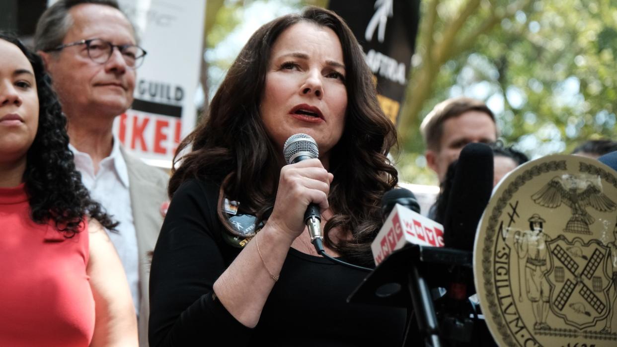  AUGUST 01: SAG-AFTRA President Fran Drescher addresses picketers at New York City Hall on Tuesday as members of the actors SAG-AFTRA union continue to walk the picket line with screenwriters outside of major studios across the country on August 01, 2023 in New York City. Drescher spoke ahead of a New York City Council hearing for resolutions backing the striking actors and writers. Members of SAG-AFTRA, Hollywood’s largest union which represents actors and other media professionals, joined striking WGA (Writers Guild of America) workers in the first joint walkout against the studios since 1960. . 