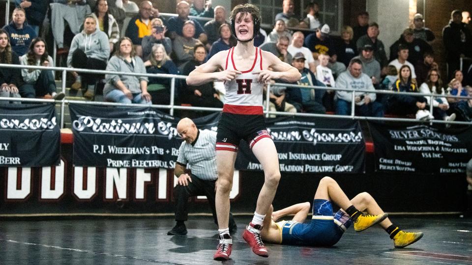 Haddonfield's Luke Wagner celebrates after pinning Gloucester's Harry Ulmer during the 120 lb. bout of the wrestling meet held at Haddonfield Memorial High School on Friday, January 6, 2023.
(Photo: CHRIS LACHALL/USA TODAY NETWORK ATLANTIC GROUP)