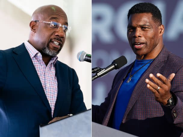 PHOTO: Sen. Raphael Warnock, speaks during a campaign rally in Conyers, Ga., on Aug. 18, 2022. | Republican Senate candidate Herschel Walker speaks at a rally on Sept. 25, 2021, in Perry, Ga. (Elijah Nouvelage/Bloomberg via Getty Images | Sean Rayford/Getty Images)
