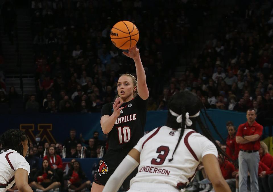Louisville’s Hailey Van Lith passes the ball against South Carolina. April 1, 2022