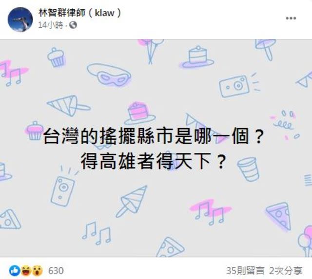 律師林智群也好奇在臉書上詢問「台灣的搖擺縣市是哪一個？」(翻攝自林智群臉書)