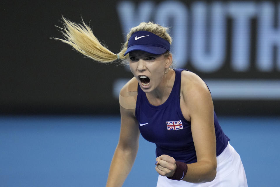 FILE - Katie Boulter of Great Britain reacts after winning a point during a match against Yulia Putintseva of Kazakhstan at the Billie Jean King Cup finals in Glasgow, Tuesday, Nov. 8, 2022. When was the last time two British women played each other for a WTA Tour title? (AP Photo/Kin Cheung, File)