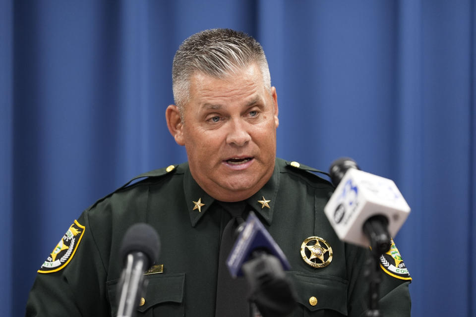 CORRECTS SERVICE BRANCH TO U.S. AIR FORCE INSTEAD OF U.S. NAVY - Okaloosa County Sheriff Eric Aden holds a news conference where he shared deputy body cam footage of the May 3, 2024 shooting of Roger Fortson, a U.S. Air Force senior airman, Thursday, May 9, 2024, in Fort Walton Beach, Fla. Fortson was shot in his apartment after a response to a complaint. (AP Photo/Gerald Herbert)