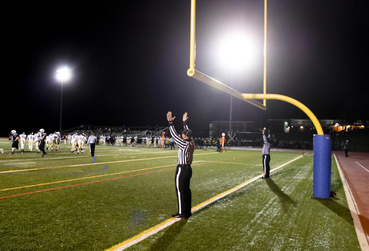 A successful field goal in a 2020 high school football game. (Ben Hasty/MediaNews Group/Reading Eagle via Getty Images)