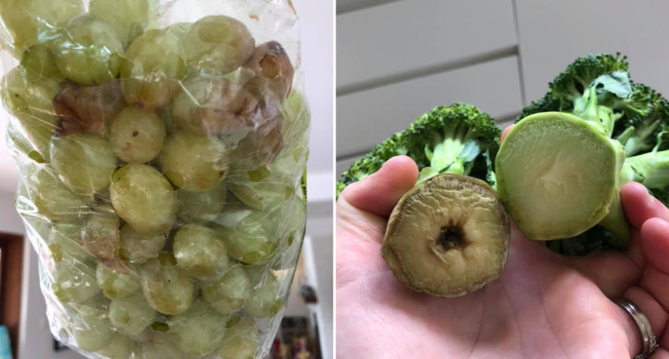 A bag of mouldy grapes and decaying broccoli, purchased via Woolworths Pick up, are pictured.